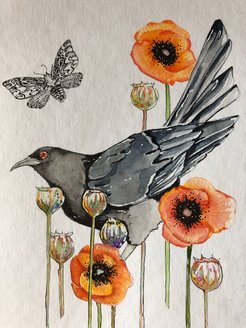 Watercolor painting of bird with poppies and a moth